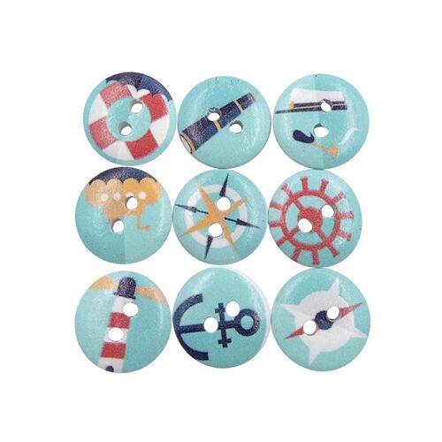 Xm 50pcs 15mm Bois Boutons Large Côté Impression Marine Série Environnement Bricolage En Bois Boutons-Pression Deux Trous Coudre Bricolage Vêtements Artisanat A3