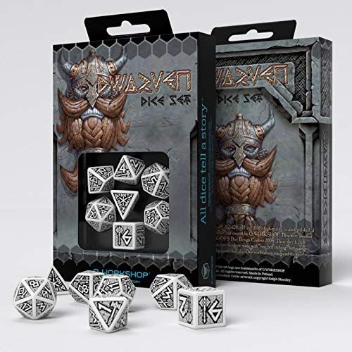 Q Workshop Dwarven White & Black Rpg Ornamented Dice Set 7 Polyhedral Pieces