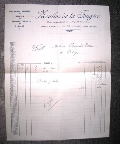 Facture De 1925.Moulins De La Fougère Siège Social De Decize Nièvre