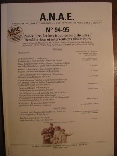 A.N.A.E.  N° 94 : Parler, Lire, Écrire : Troubles Ou Difficultés ? Remédiations Et Interventions Didactiques