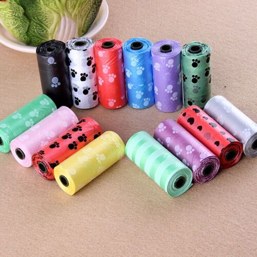 150 Pièces/10 Rouleaux Dégradable Pet Chien Déchets Caca Sac Avec Impression De Patte Doggy Sac Merde Cueillette Sacs Couleurs Aléatoires En Vente