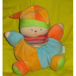 Clown Doudou Patapouf Boule Lutin Corolle Bleu Jaune Orange Vert Foulard Rayé 19 Cm