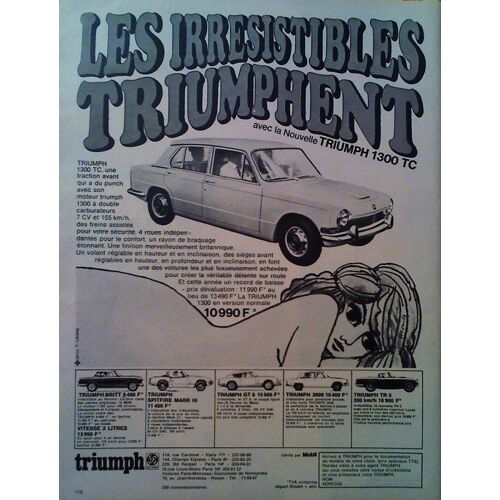 Publicite Ancienne (Juin 1968) Pour Les " Triumph 1300 Tc - Britt - Spitfire Mark Iii - Gt 6 - 2000 - Tr 5