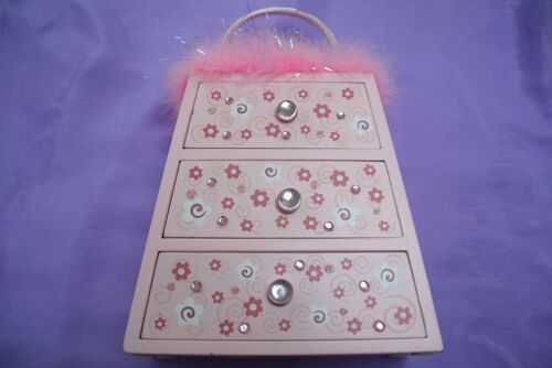 Coffret À Bijoux En Bois Rose À Fleurs Forme "Commode" Trois Tiroirs