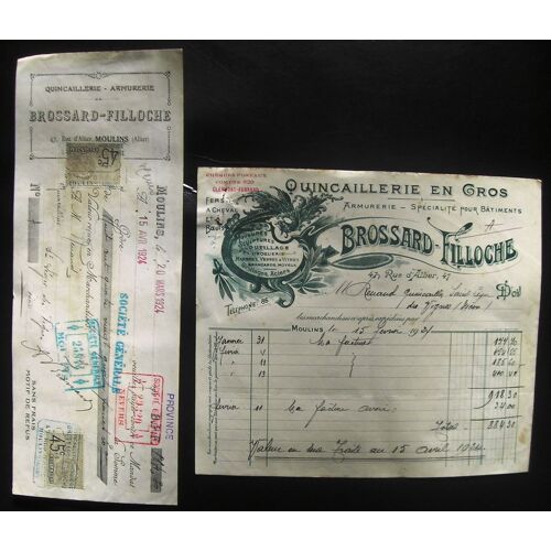 Facture Et Son Mandat À L'ordre De 1924 Quincaillerie Armurerie Brossard Filloche 47,Rue D'allier Moulins (Allier)