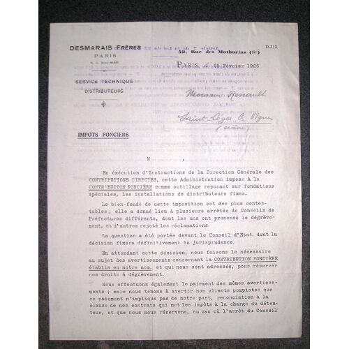 Lettre De 1926.Desmarais Frères 42,Rue Des Mathurins Paris Service Technique Distributeurs Impots Fonciers