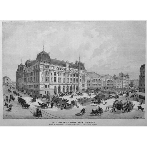 Rare Gravure D'epoque Paris La Nouvelle Gare Saint Lazare 1888