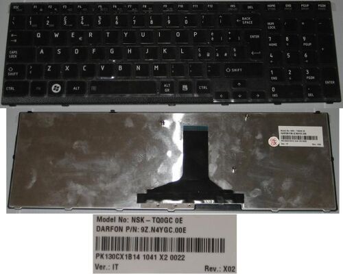 Clavier Qwerty Italien / Italian Pour TOSHIBA Satellite A660 A665 Series, Noir Brillant / Black Glossy, Noir-frame, Model: NSK-TQ0QC, P/N: 9Z.N4YGC.00E, PK130CXB14