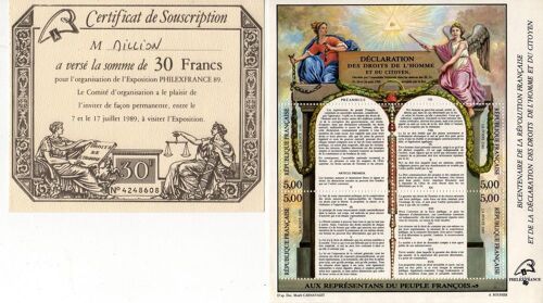 Bloc Bicentenaire De La Révolution Et De La Déclaration Des Droits De L'homme Et Du Citoyen T-P. De Même Date Réunis Sur Feuillet De 130x143.Vendu 50f .Dentelé.Avec Certificat De Souscription .