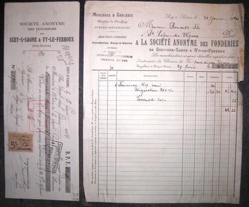 Facture Et Mandat À L'ordre De 1924.Société Anonyme Des Fonderies De Scey-Sur-Saone & Vy Le Ferroux