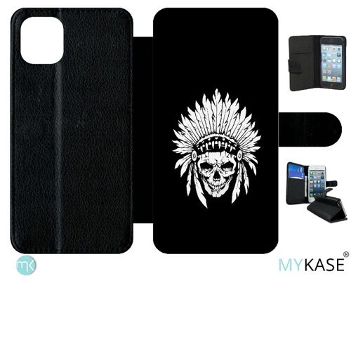 Etui À Rabat Iphone 11 Pro Max - Tete De Mort Coiffe Indienne Noir Et Blanc - Simili-Cuir - Noir