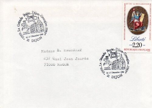 Marcophilie - Cachet Commémoratif - La Grande Poste Dijon / Granger 1989 - Dijon, Le 16 Et 17 Décembre 1989