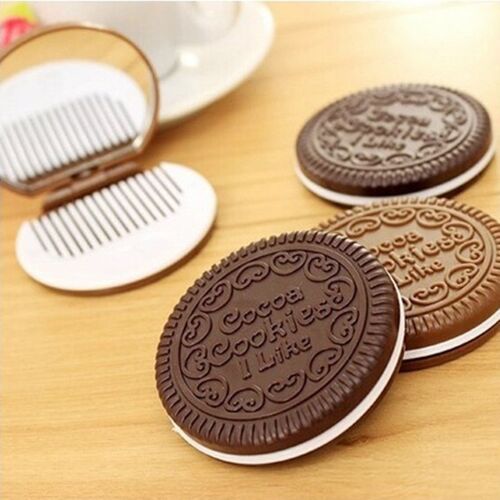 Ages Nouveautés Femmes Maquillage Outil Poche Miroir Maquillage Miroir Mini Brun Foncé Mignon Chocolat Cookie En Forme De Peigne 