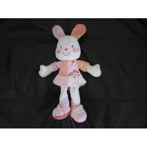 Doudou Lapin Nicotoy Kiabi À Robe Rose Et Orange Abricot   À Pois Fleurs