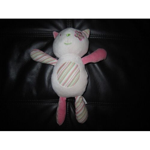 Doudou Chat Sucre D'orge Rose Fleur Rayures Grand Modèle 29 Cm