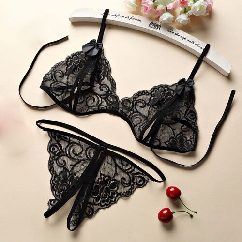 Lingerie Érotique En Dentelle À Volants, Grande Taille, Sous-Vêtements Pour Femmes, Soutien-Gorge Transparent, Ensembles De Fête, Costume Exotique Noir En Dentelle