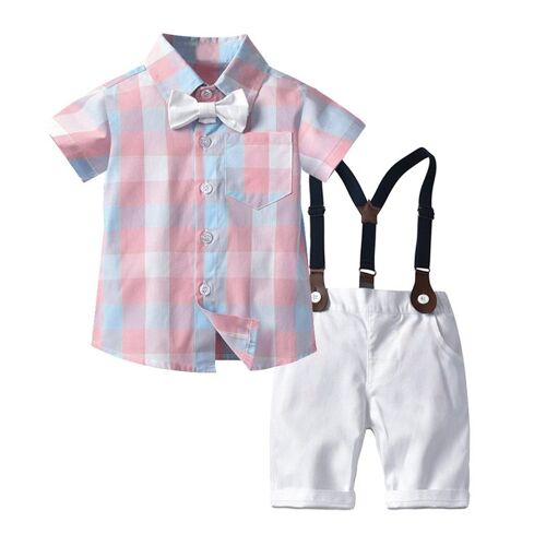 Ages Costume Garçon Manche Courte Chemise A Carreaux Gentleman Vetement Enfant Pantalon A Bretelles