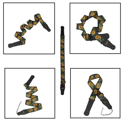 Ages Bracelet De Guitare Irin Ceinture En Polyester Réglable Extrémités En Cuir Pour Guitare Électrique Classique Folk Acoustique Avec Motif De Tournesol