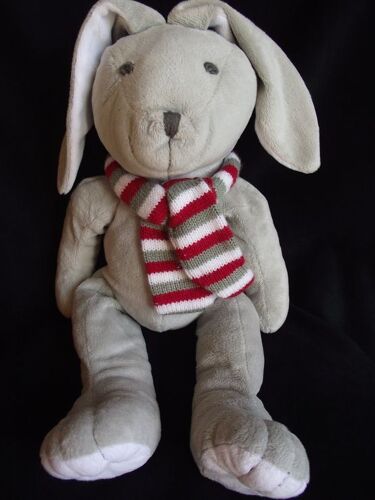 Doudou Lapin Cyrillus Gris Écharpe Blanc Rouge Gris En Laine 40 Cm + Oreilles 18 Cm