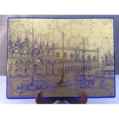 Plaque Verre Épais Bleu Doré Representant Le Palais Des Doges Venise Saint Marc