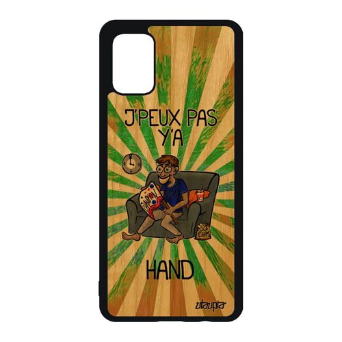 Coque j'peux pas y'a hand pour A51 bois silicone texte supporter unique drole comique noir dessin handball je humour Samsung galaxy