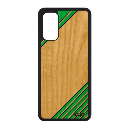 Coque en bois silicone Samsung Galaxy S20 moderne effet fait main vert etui rigide fond case unique motif telephone design triangle