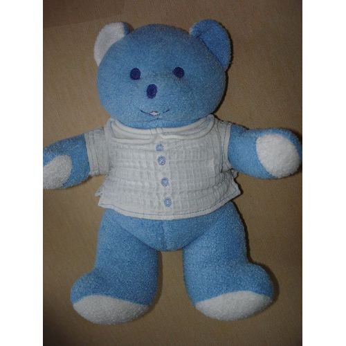 Ours Doudou Musti Mustela Mustella Peluche Bleu Pull Blanc 26 Cms