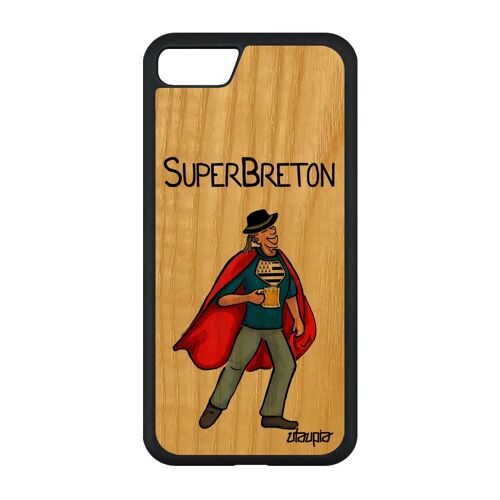 Coque bois telephone iPhone SE 2020 silicone super breton humour bande dessinée heros rouge texte smartphone drapeau bretagne