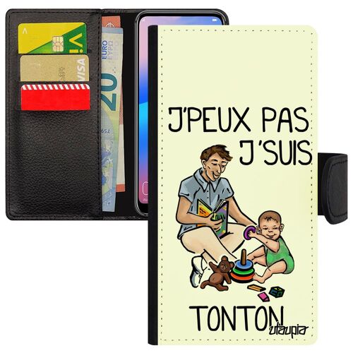 Coque Iphone 13 Cuir Rabat Portefeuille J'peux Pas J'suis Tonton Bande Dessinée Oncle Aimantée Humoristique Texte Blanc Cover