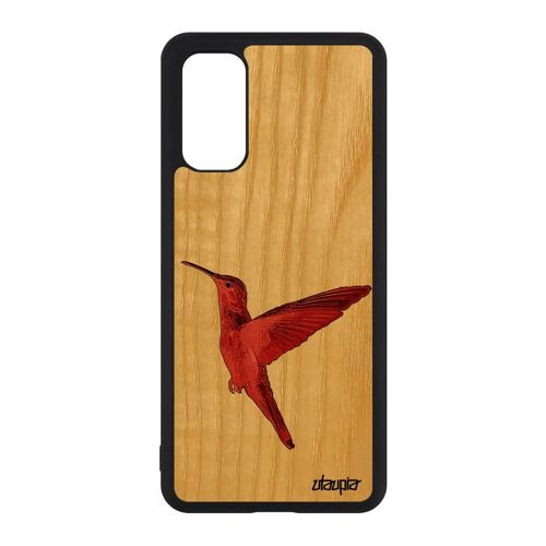 Coque bois pour Samsung S20 silicone colibri animaux dessin design noir ecologie oiseau animal etui plumes nature peinture de galaxy