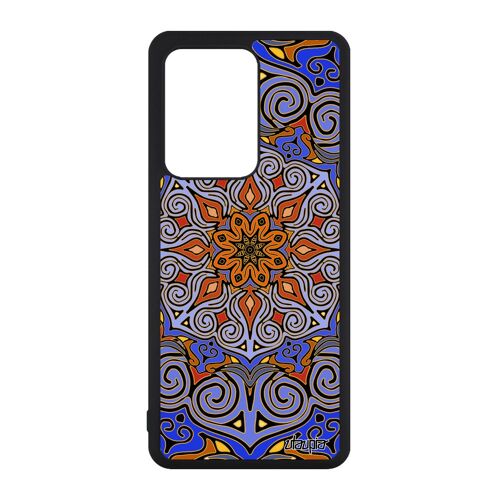Coque Samsung S20 Ultra silicone Mandala rosace personnalisé indien fantaisie nepal antichoc hindou telephone fleur alu Bleu galaxy