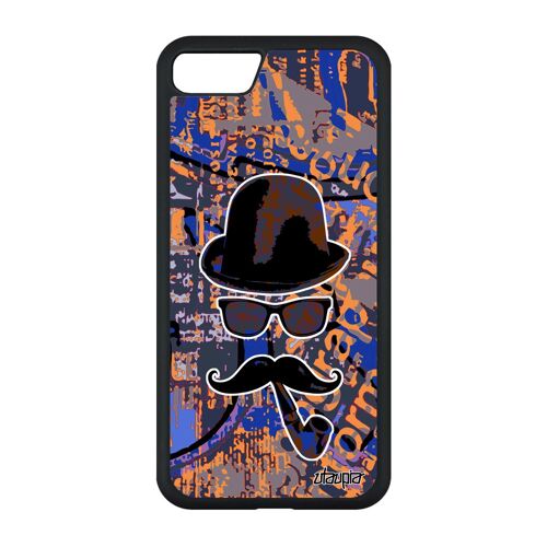 Coque Silicone Iphone Se 2022 Portrait Pipe Metal Noir Chapeau Melon Etui Graf Street Art Peinture Bleu Lunette Vintage Garcon