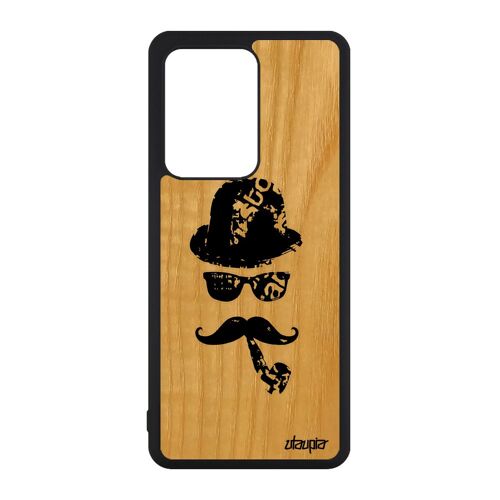 Coque En Bois Pour Samsung S20 Ultra Silicone Moustache Charlie Chaplin Art Antichoc Monsieur Pipe Vintage Homme Portable Galaxy