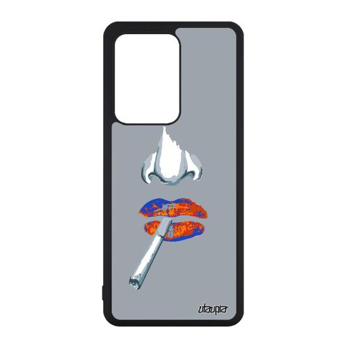 Coque silicone antichoc Samsung S20 Ultra fumeur femme bouche levres etui rigide jaune smack artiste cigarette abstrait clope galaxy