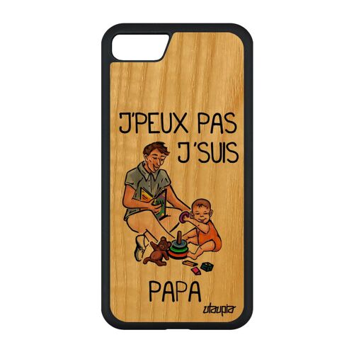 Coque iPhone SE 2020 en bois et silicone humour j'peux pas j'suis papa comique de protection orange design je père enfant case