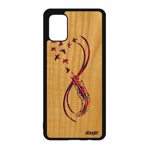 Coque en bois infini Samsung A51 silicone bumper zen plume oiseau coloré noir telephone de protection femme Violet amour 4G galaxy