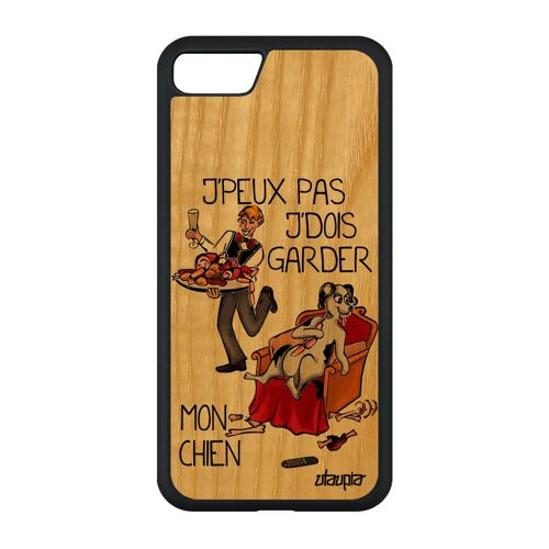 Coque bois silicone iPhone SE 2020 jpeux pas j'dois garder mon chien drole housse rouge cover cartoon bande dessinée comique