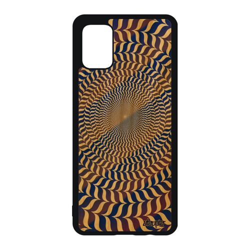 Coque en bois pour Galaxy A51 silicone illusion d'optique geometrique rond art visuel spirale case bicolore magie bleu effet Samsung