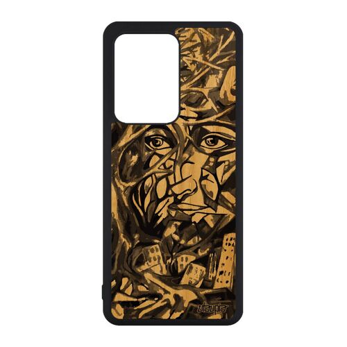 Coque Bois Samsung S20 Ultra Silicone Portrait Street Art Etui Arbre Original Peinture Visage Homme Personnalisé Gris De Galaxy