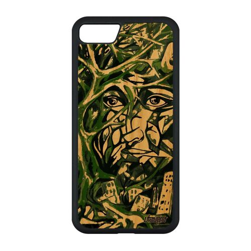 Coque portrait street art pour iPhone SE 2020 bois veritable silicone femme artisanat frêne pas cher arbre smartphone vert de