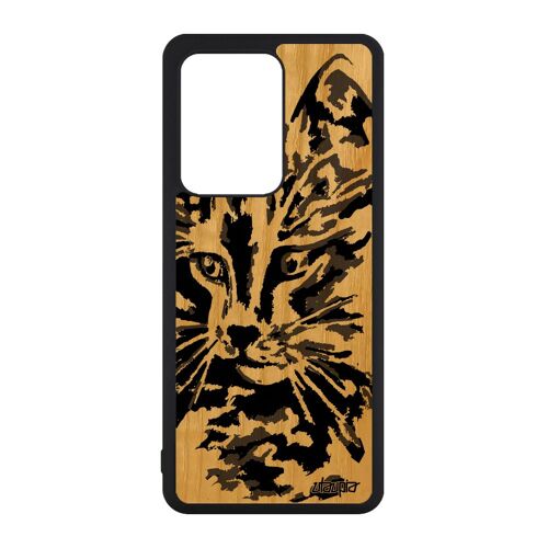 Coque bois silicone pour Galaxy S20 Ultra chat dessin mignon petit rigide TPU etui peinture chaton felin noir et blanc gris Samsung