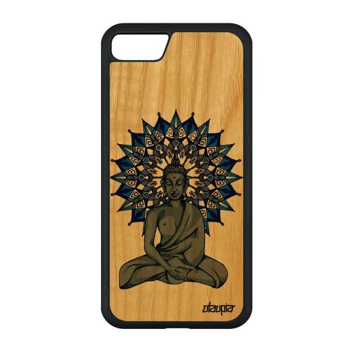 Coque Pour Iphone Se 2020 En Bois Silicone Bouddha Caoutchouc Bouddhisme Portable Bleu Cadeau De Noel Femme Mandala Zen D'or
