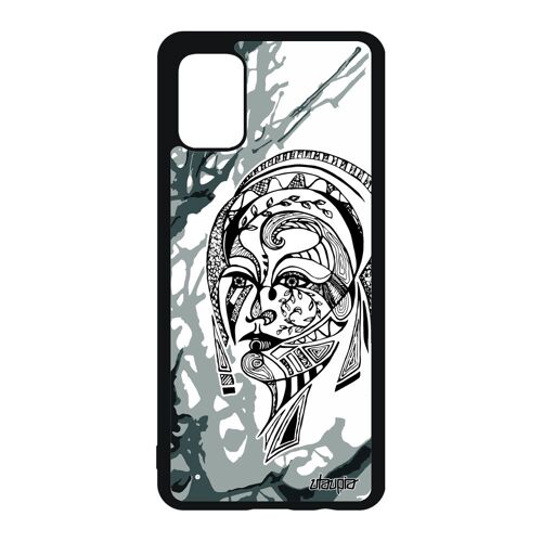 Coque A51 silicone femme souple peinture dessin portrait art de protection Gris arbre ethnique psychédelique mobile Samsung galaxy