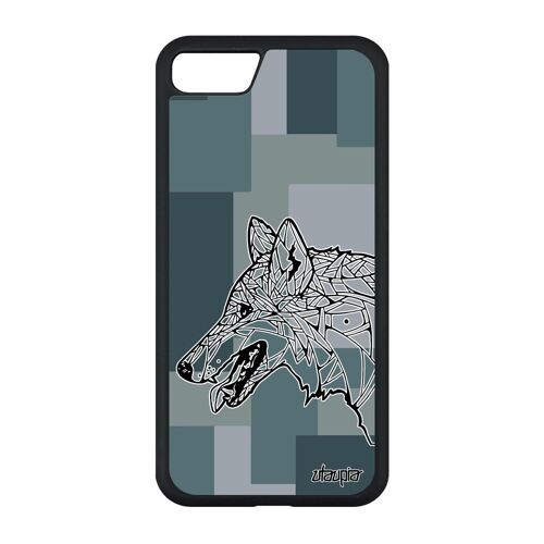 Coque silicone loup telephone pour iPhone SE 2020 bumper Gris chien rigide antichoc animal dessin tribal azteque hiver carré