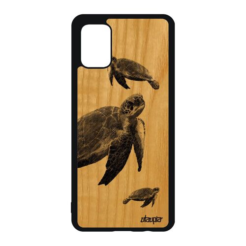 Coque Samsung Galaxy A51 en bois silicone tortue de protection jolie gris rigide animal design motif etui luth de mer marin animaux