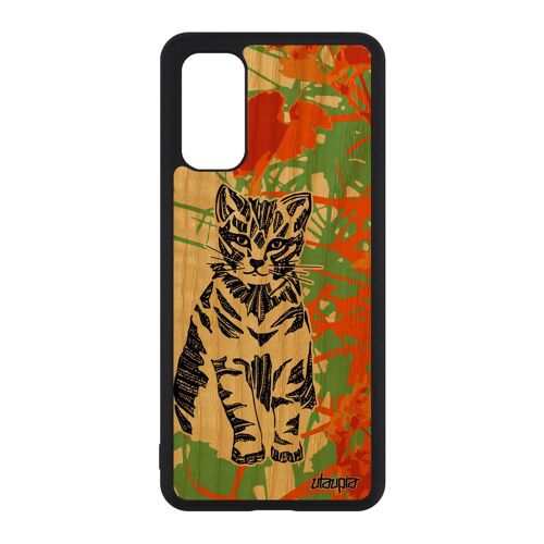 Coque Galaxy S20 en bois silicone chat homme tribal Orange sauvage animaux ethnique etui petit chaton felin antichoc jolie Samsung