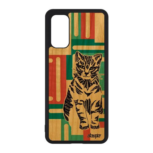 Coque en bois chat pour Samsung Galaxy S20 silicone design carré chaton case Vert tribal mignon geometrique azteque fantaisie homme
