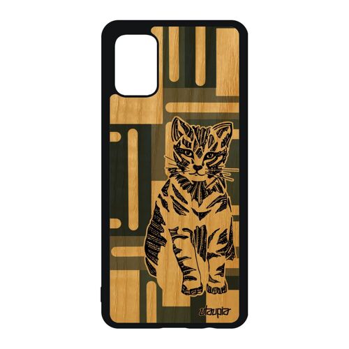 Coque silicone A51 bois chat petit tribal noir chaton dessin de luxe personnalisé cubique tigré azteque animal garcon Samsung galaxy