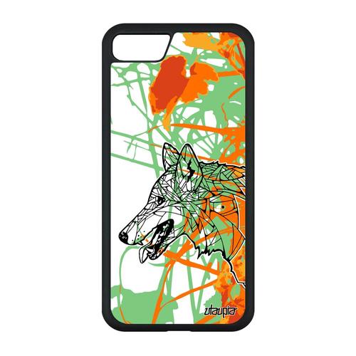 Coque silicone rigide iPhone SE 2020 loup dessin tribal 64 Go ethnique fleur husky azteque alpha animaux telephone chien noir
