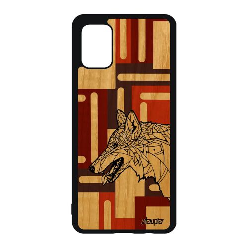 Coque silicone loup Samsung Galaxy A51 en bois dessin geometrique animaux portable frêne bumper mechant homme ethnique noir et blanc